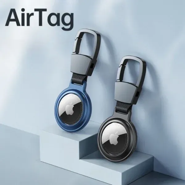 Magnetic metal AirTag keychain holder with carabiner clip in blue and silver color
