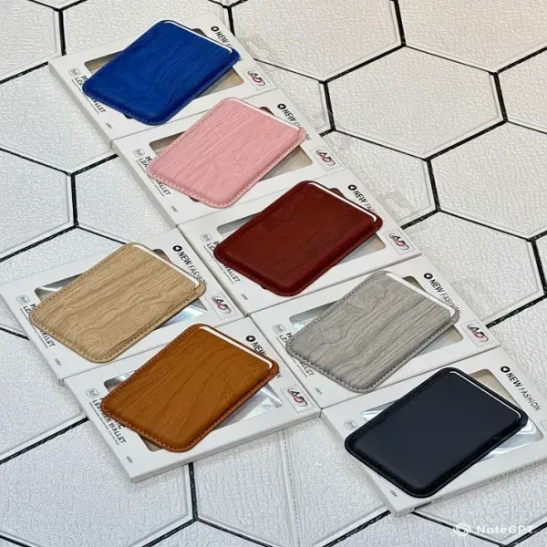 Multiple colors of wooden look MagSafe wallets with double magnetic power.